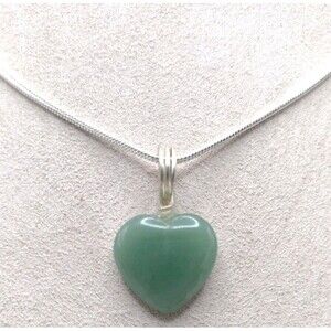 Sterling Silver Snake Chain 24" Necklace 2mm Green Aventurine Heart Pendant 14g